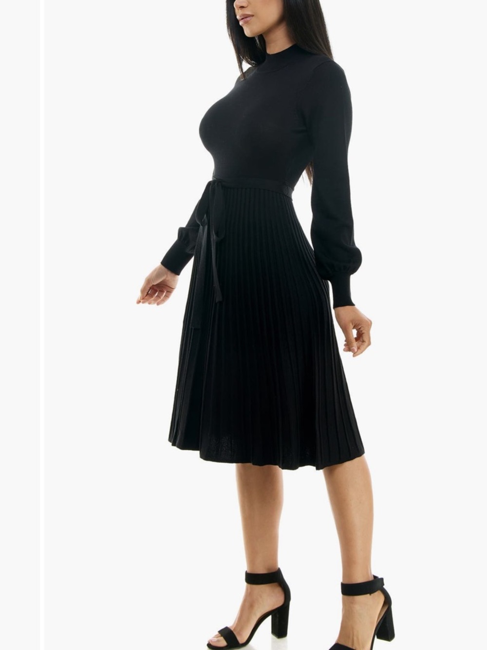 Nina Leonard Black Pleated Midi Mock-Neck Dress